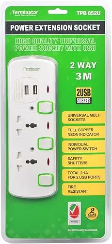 Two Way 3 Meter 2 USB ESMA Approved Universal Power Extension Socket with Individual Neon Light Switches - Terminator