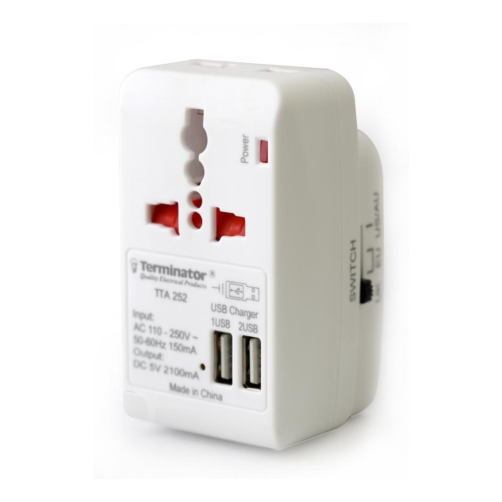 [TTA 252] Travel Adapter Multi Plug with 2 USB Ports from Terminator - TTA 252