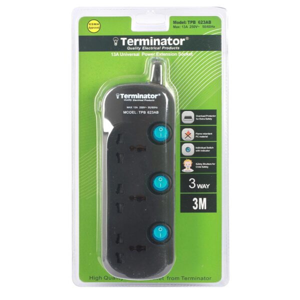 [TPB 623AB] Terminator 3 Way Black Universal Power Extension Socket Model# TPB 623AB