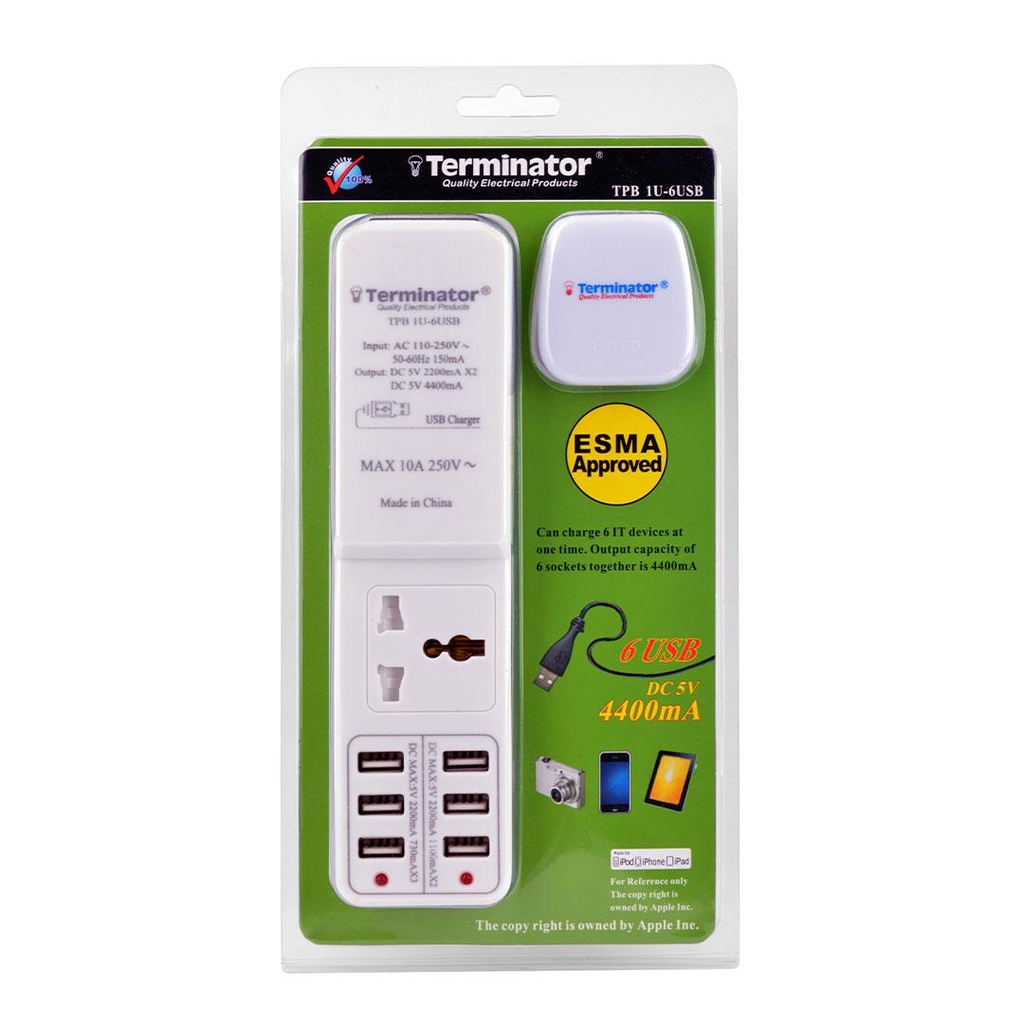 Terminator 1 Way Universal Extension Socket 6 USB Ports DC 5V 4400mA 2M detachable cable 13A Plug Max 10A 250VTPB 1U- 6USB