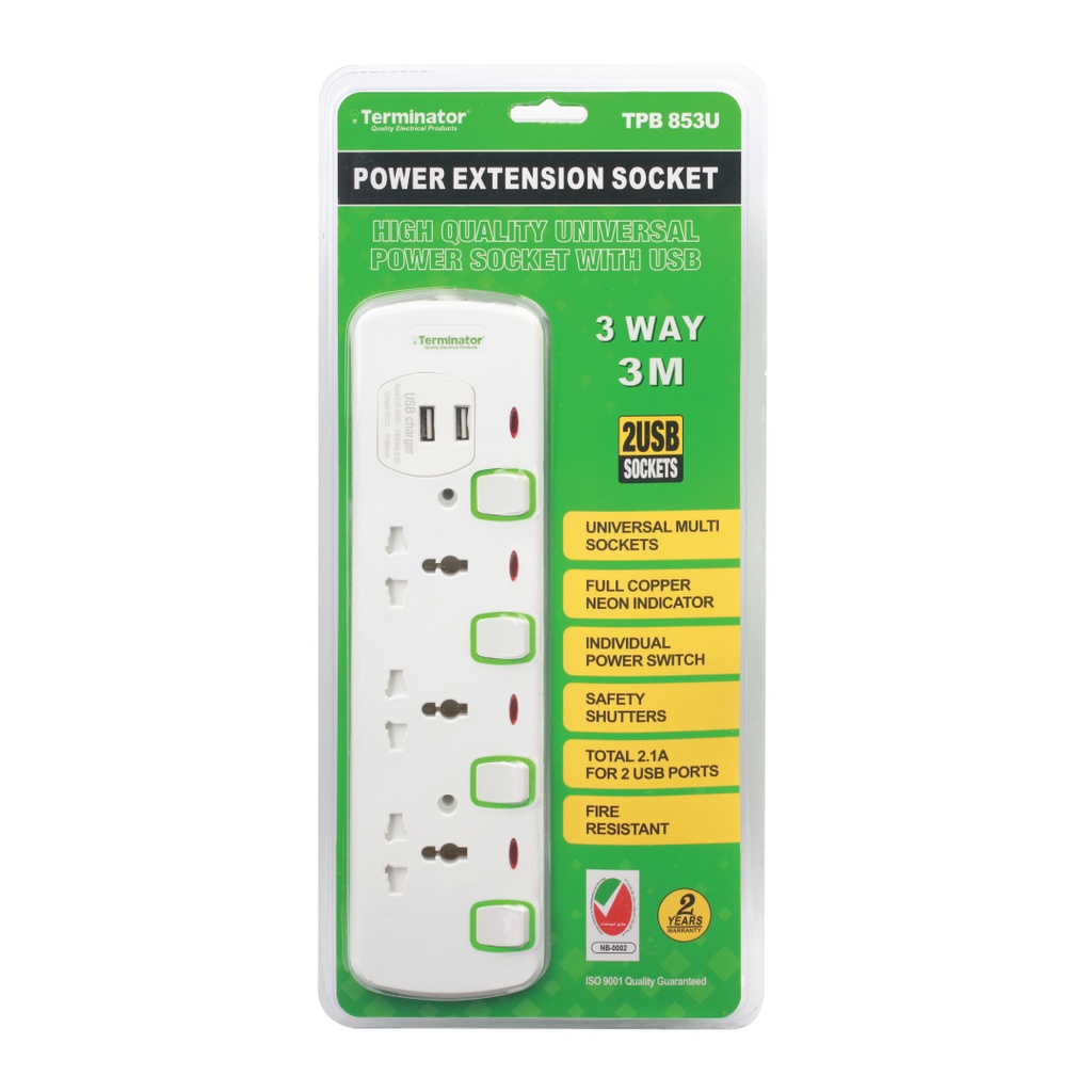 [TPB 853U] Terminator Power Extension 3 Socket 2 USB Charging Ports with 3 Meter Cable -TPB 853U
