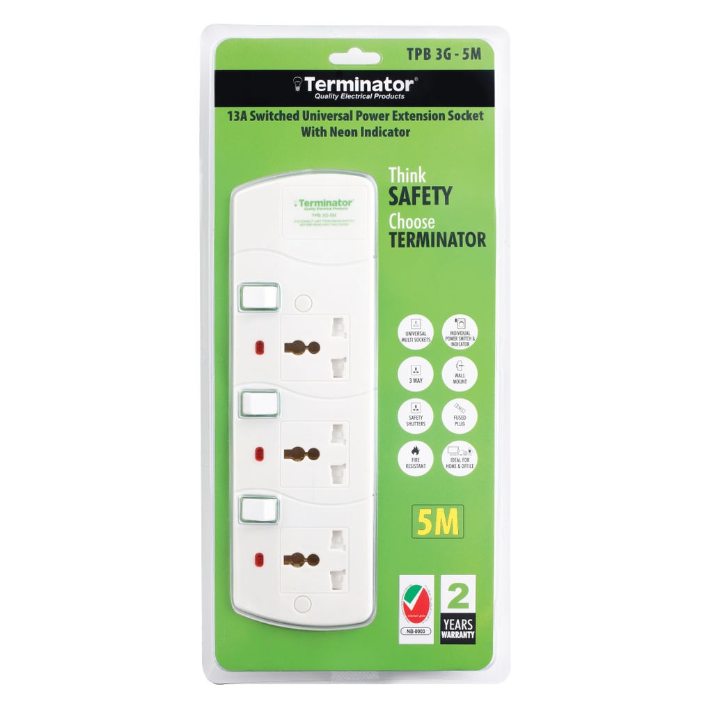 Terminator 3 way Universal Power Extension Socket, 5M 3X1.25MM2, White color body & cable with individual switch 13a Fused plug.