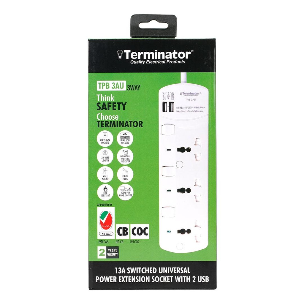 Terminator 3 Way Universal Power Extension Socket With Individual Switches & Indicators 2 USB & 3M 13A Gift Box packed Model TPB 3AU