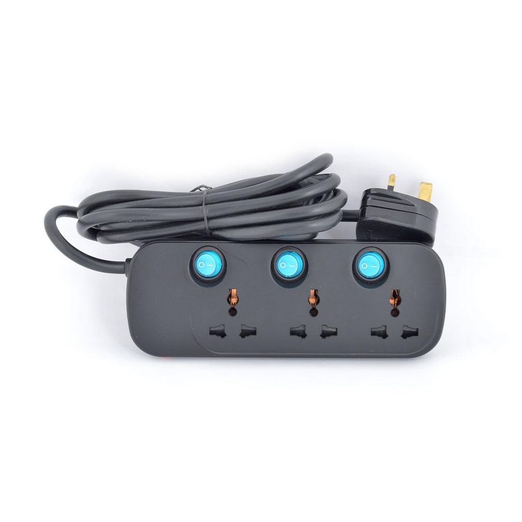 Terminator 3 Way Universal Power Extension Socket 3X1.25MMï¿½ Black Body & Blue Switch 5M Cable 13A Plug ESMA Approved Model : TPB 623AB-5M