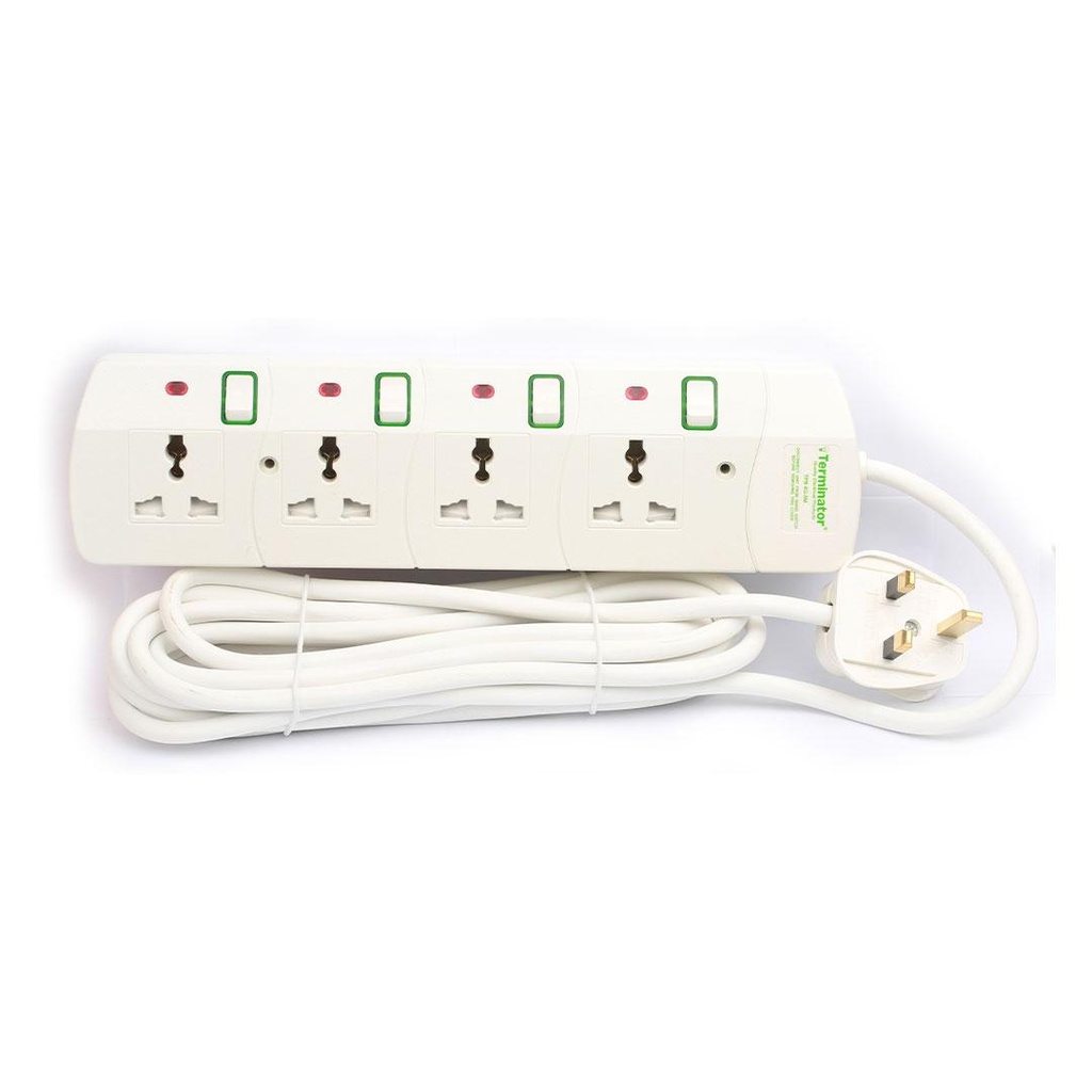 [TPB 4G-5M] Terminator 4 way Universal Power Extension Socket, 5M 3X1.25MM2, White color body & cable with individual switch 13a Fused plug.