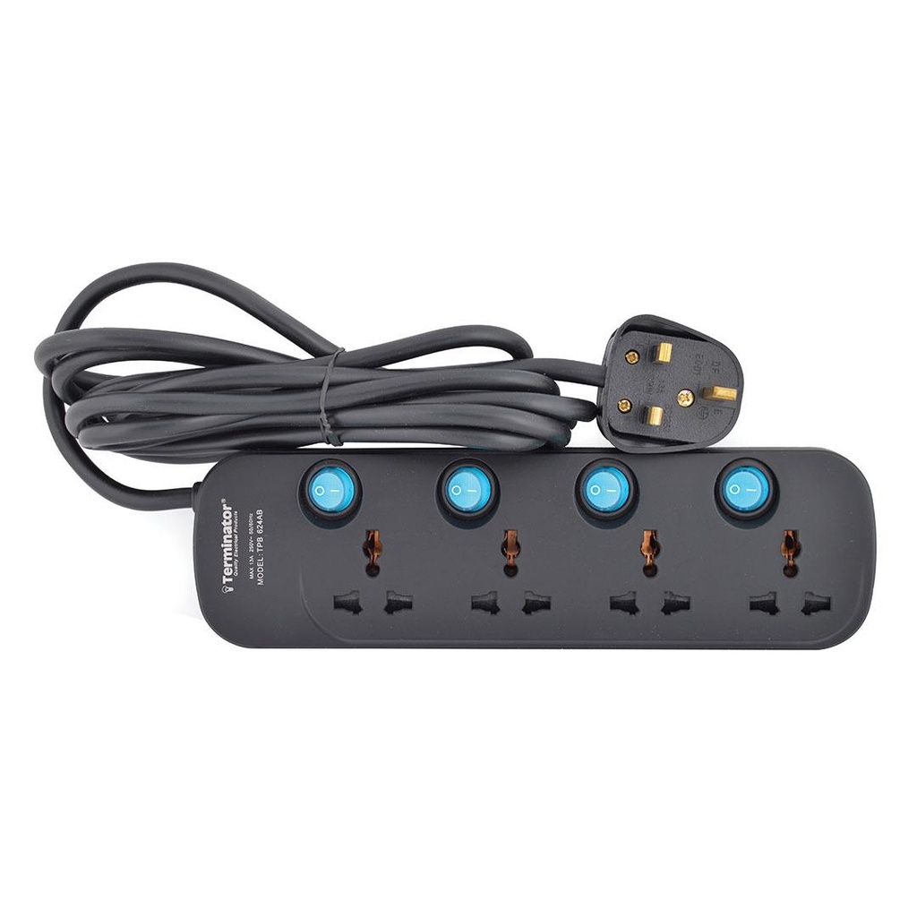 [TPB 624AB] Terminator brand 4 way black color universal socket power extension - TPB 624AB-3M