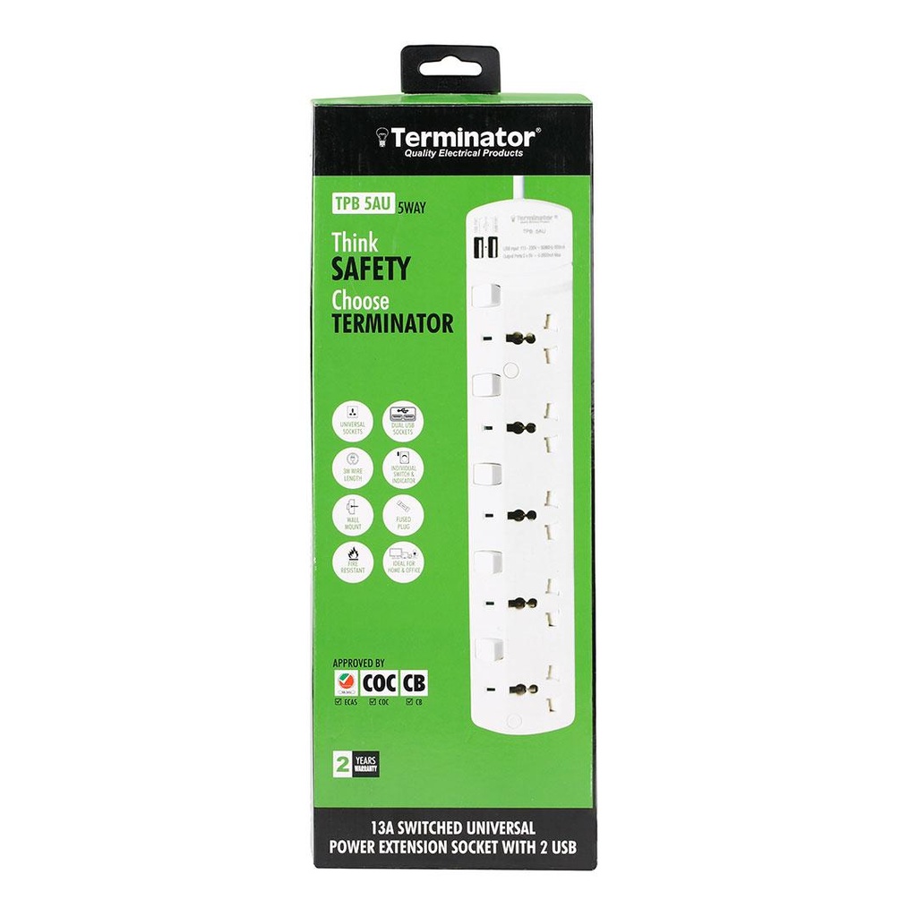 Terminator 5 Way Universal Power Extension with 2 USB option - TPB 5AU