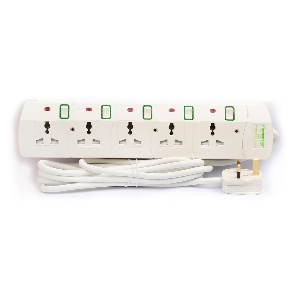 Terminator 5 way Universal Power Extension Socket, 5M 3X1.25MM2, White color body & cable with individual switch 13A Fused plug.