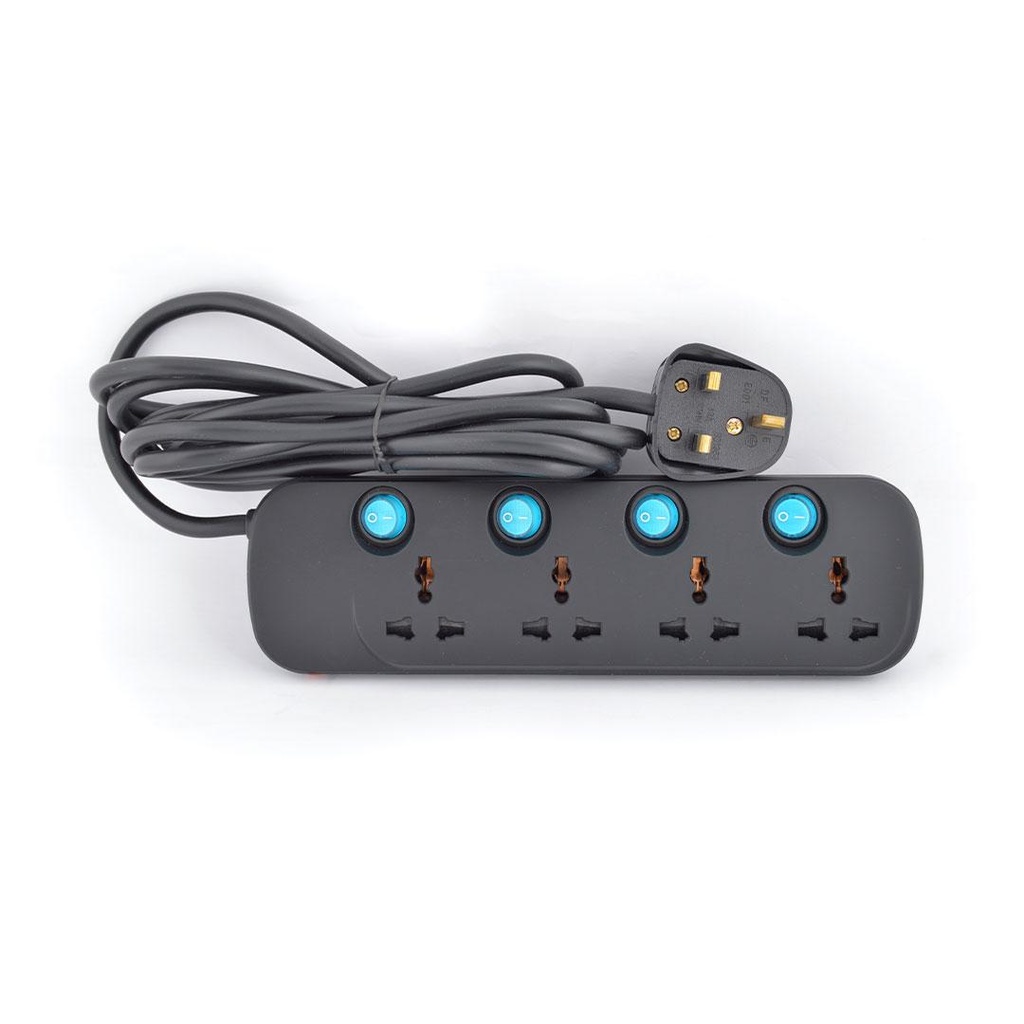 Terminator 4 Way Universal Power Extension Socket 3X1.25MM2 Black Body & Blue Switch 5M Cable 13A Plug Model TPB 624AB-5M
