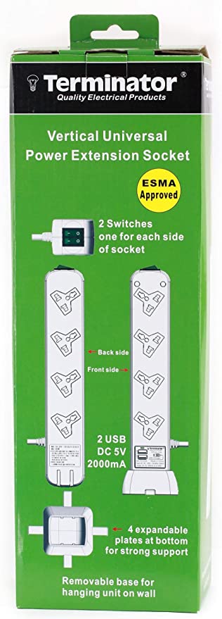 [TVPB 8A-2USB] Terminator 8 way Universal vertical power Extension with 2 USB Ports - TVPB 8A