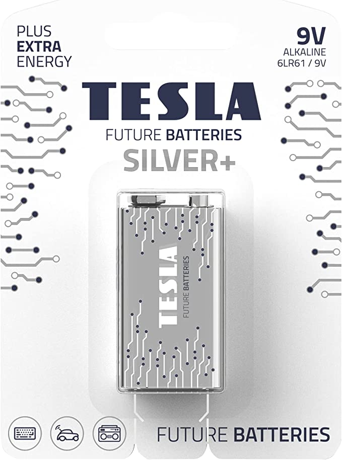 Tesla 9V Battery Silver+ Alkaline - Plus Extra Energy Blister Foil 6LR61/9V