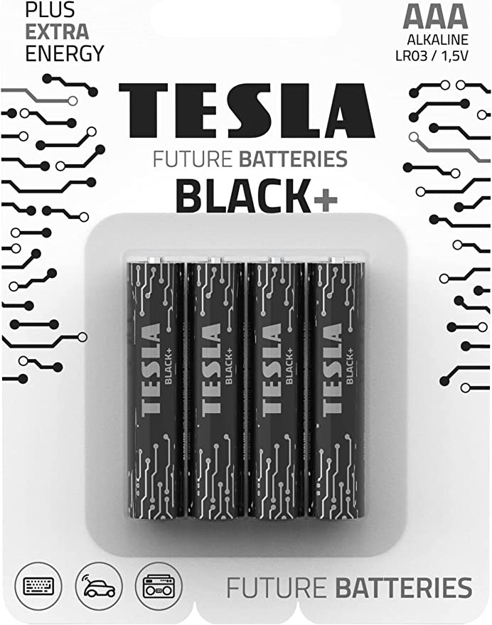 Tesla AAA Battery Black+ Alkaline - Plus Extra Energy Batteries Blister Foil LR03/1.5V Pack of 4
