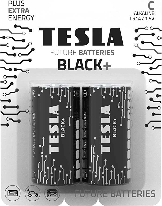 [TS-Black+ 2C] Tesla C Battery Black+ Alkaline - Plus Extra Energy Battery C Blister Foil LR14/1.5V Pack of 2