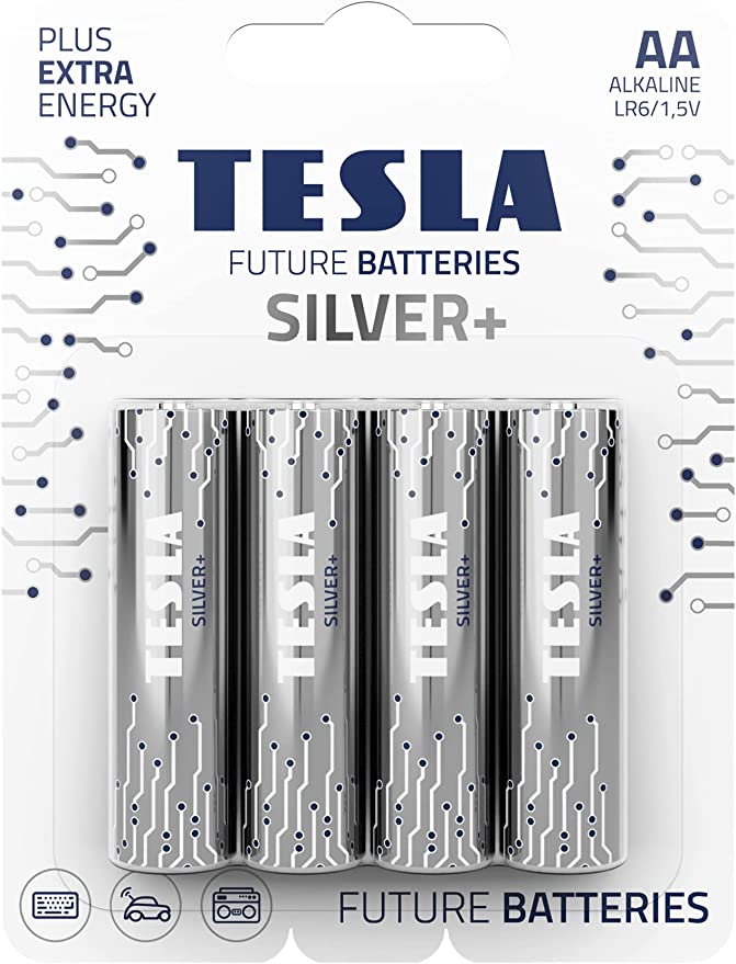 Tesla AA Battery Silver+ Alkaline - Plus Extra Energy Blister Foil LR6/1.5V Pack of 4