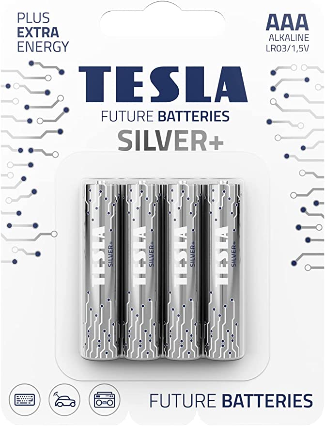 [TS-Silver+ 4AAA] Tesla Battery AAA Silver+ Alkaline - Plus Extra Energy Blister Foil LR03/1.5V Pack of 4