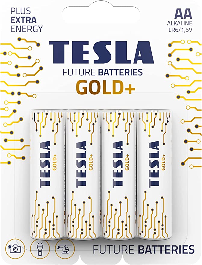[TS-Gold+ 4AA] Tesla AA Battery Gold+ Alkaline - Plus Extra Energy Blister Foil LR6/1.5V Pack of 4