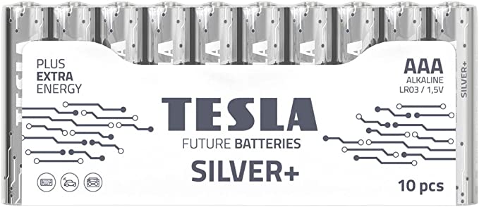 Tesla AAA Battery Silver+ Alkaline - Plus Extra Energy Shrink Foil LR03/1.5V Pack of 10