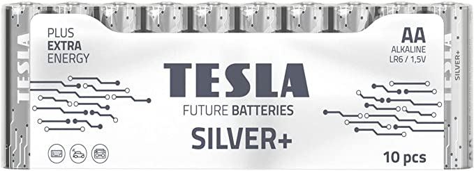 Tesla AA Battery Silver+ Alkaline - Plus Extra Energy Shrink Foil LR6/1.5V Pack of 10