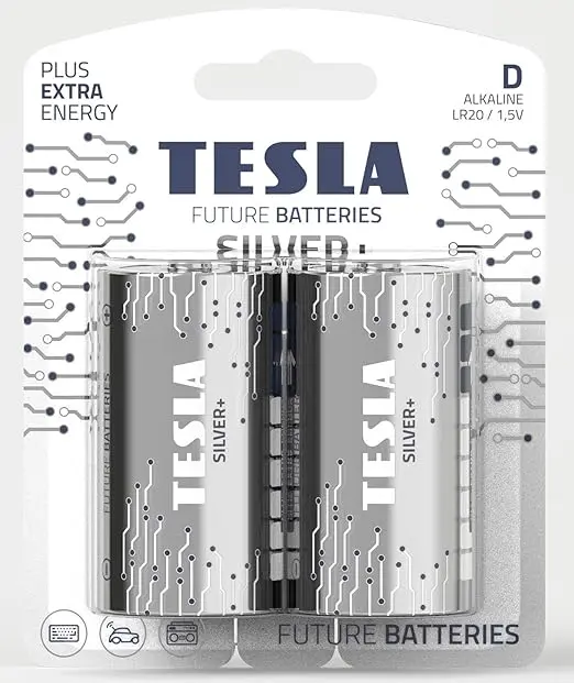 [TS-Silver+ 2D] Tesla D Battery Silver+ Alkaline - Plus Extra Energy Batteries Blister Foil LR20/1.5V Pack of 2