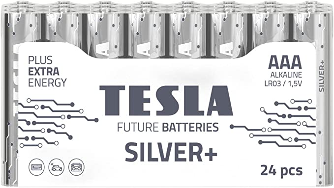 [TS-Silver+ 24AAA] Tesla AAA Battery Silver+ Alkaline - Plus Extra Energy Batteries Shrink Foil LR03/1.5V Pack of 24
