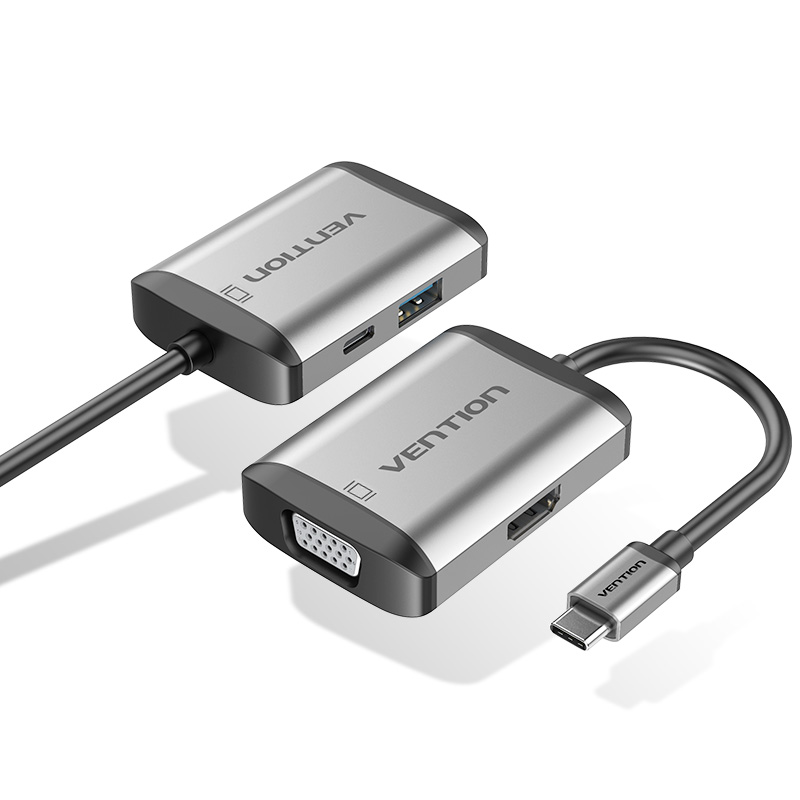 [TFAHB] VENTION Type-C to HDMI/VGA/USB3.0/PD Converter 0.15M Gray Metal Type Model # TFAHB