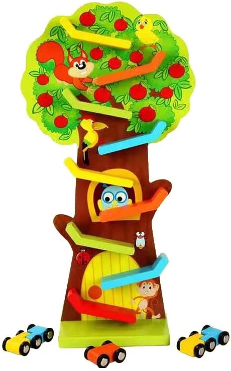 [4000-252-09] BUY4LESS - Wooden Squirrel Taxiway Race Track With 3 Cars Fruit Tree Gliding Car Toy - Early Learning Educational Wooden Toy Preschool Kids Funny Toys Sensory Toys For Children