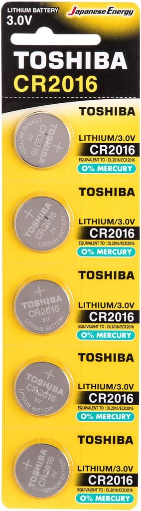Toshiba CR2016 3V Lithium Coin Cell Battery Pack of 5 batteries