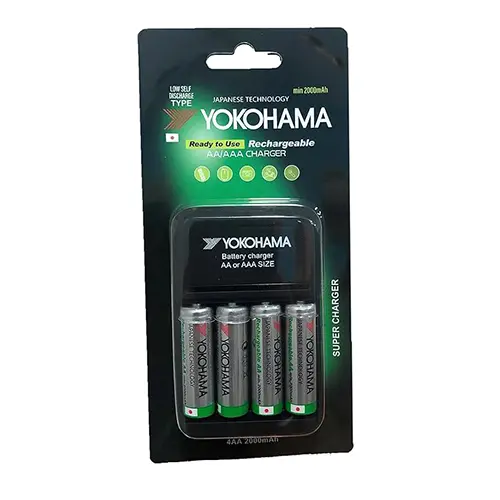 YOKOHAMA Battery Charger AA/AAA with 4 AA Rechargeable Batteries 2000mAh 3PIN PLUG UK