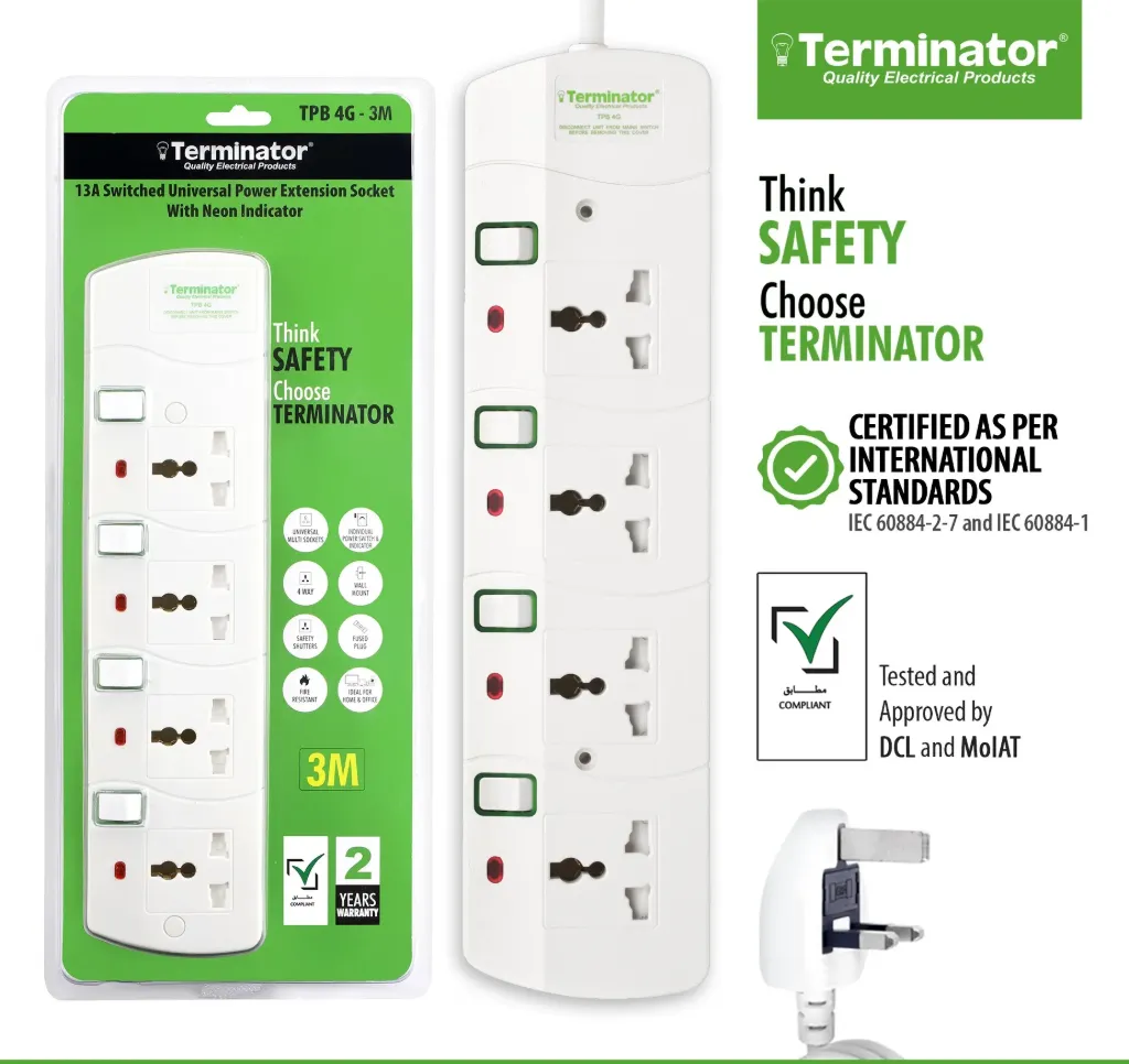 Terminator 4 Way Universal Power Extension Socket 13A 3M  Esma Approved