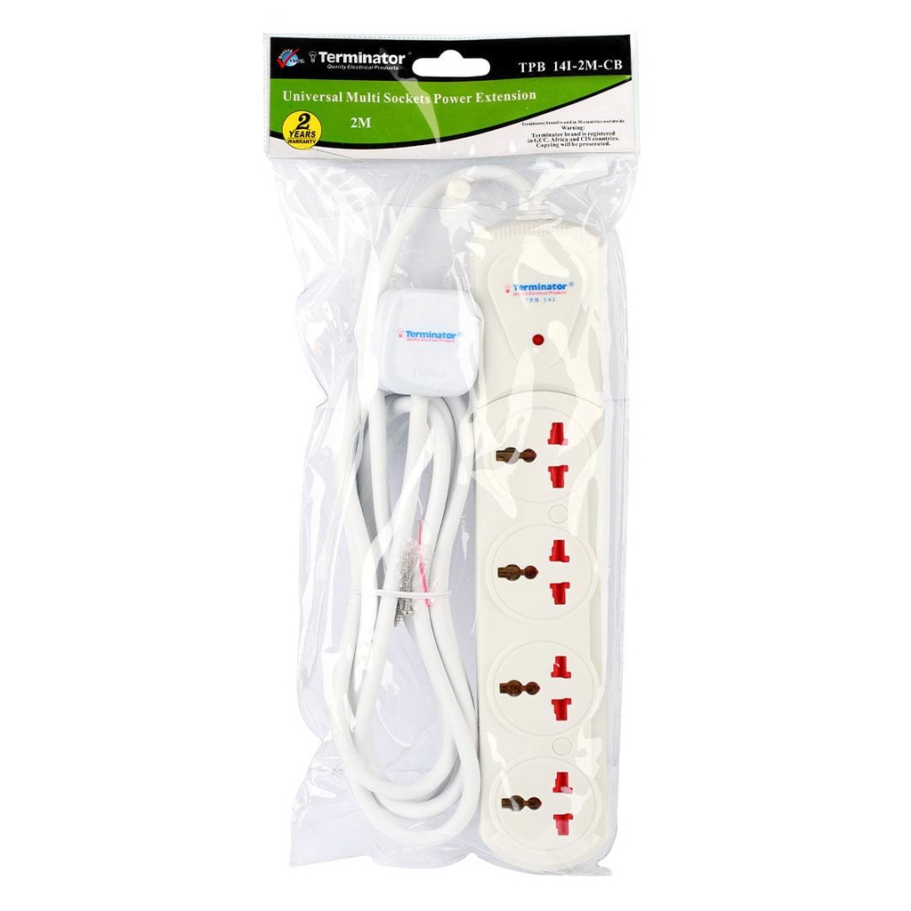 [TPB 14I-2M-CB] Terminator 4 Way Universal Power Extension Socket With Indicator 1.00mm2 Wire Off White Body 2M Cable 13A Plug TPB 14I-2M-CB