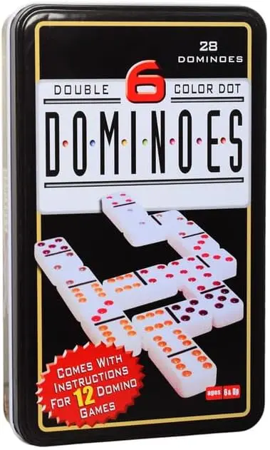 Dominoes Premium Set Of 28 Double Six Color Dot Dominoes Set With Metal Tin Case - For Family, Fun, Kids, Adults