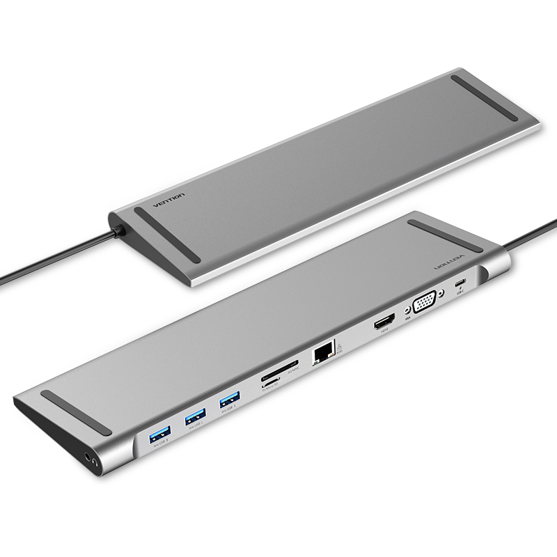 [THOHAH] VENTION Type-C Male to USB3.0 Female A/HDMI Female A/VGA Female/RJ45 /SD/TF/3.5mm/PD Docking Station Model # THOHAH