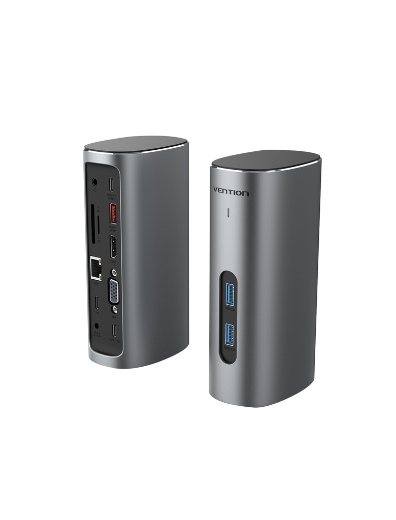 VENTION USB-C to HDMI/VGA/USB 3.1 Gen 2/USB 3.1 Gen 2-C/USB 3.0x2/RJ45/SD/TF/TRRS 3.5mm/PD/DC Docking Station Gray Vertical Aluminum Alloy Type UK Standard Model # TPJH0-UK