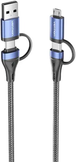 [CTLLG] VENTION 4-in-1 Cotton Braided USB 2.0 Type-A Male + USB-C Male to USB-C Male + Micro Type-B Male 5A Cable 1M Blue Aluminum Alloy Type Model # CTLLG