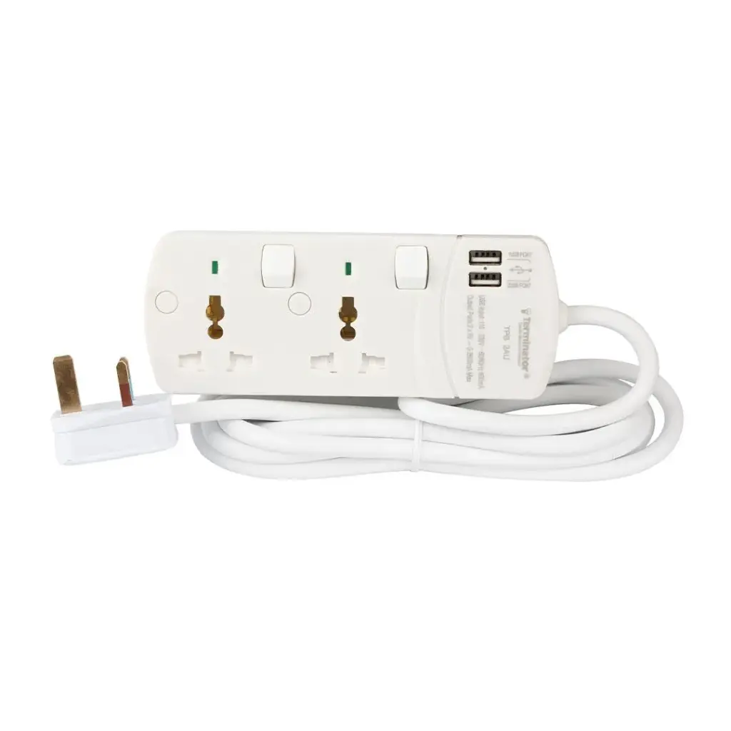[TPB 2AU] Terminator @way Universal Power Extension Socket With Individual Switched And Indicators 2USB 3M 13A