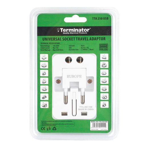 Terminator Multi Pin Travel Adaptor With Universal Socket & 2 USB 2.1A