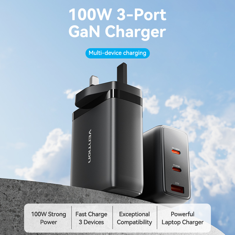 Vention 3-Port USB (C+C+A) GaN Charger (100W/65W/30W) UK-Plug Black Model # FELB0-UK