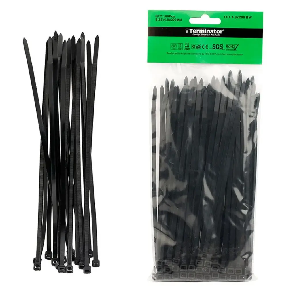 [TCT 4.8X200 BW] Terminator Cable Ties In Black Colour (100Pcs In Bag)