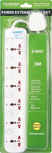 Terminator 6 Way Universal Power Extension Socket 3M Esma Approved