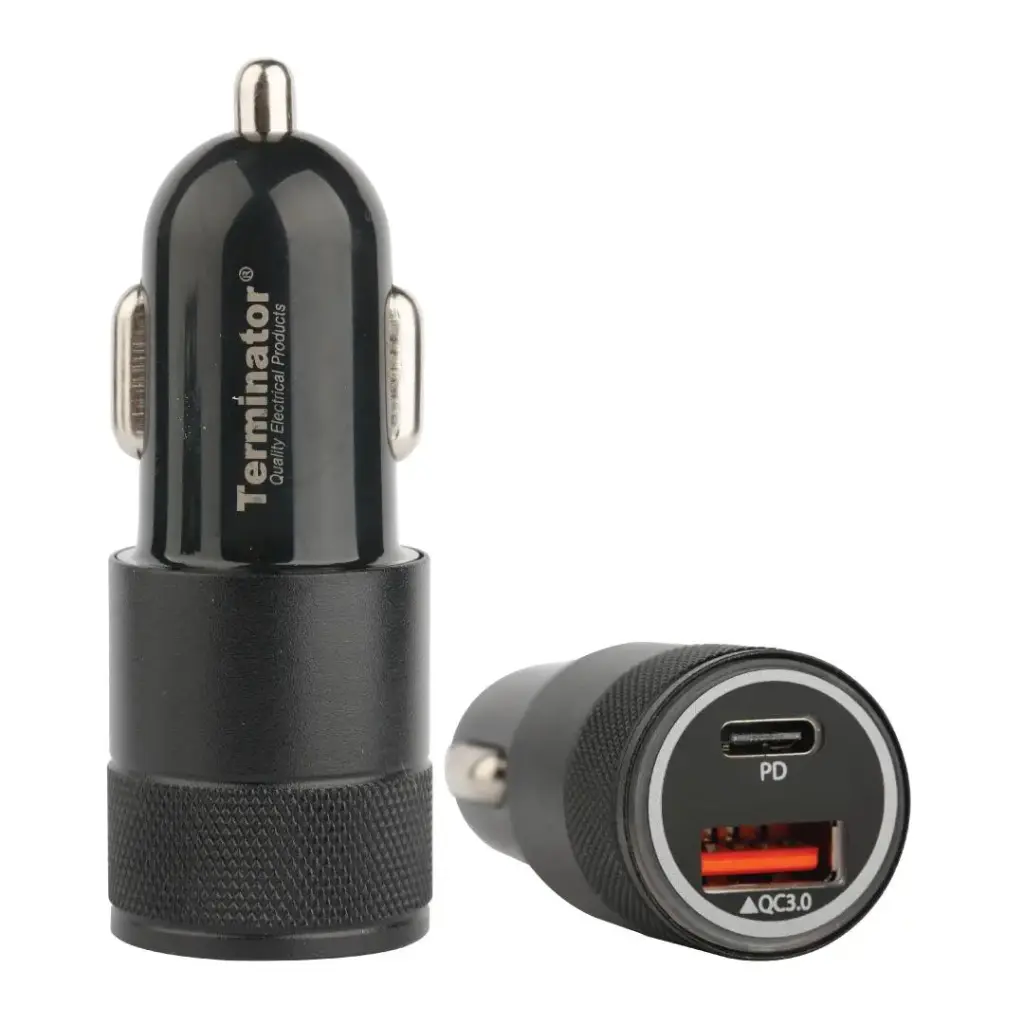 Terminator USB Car Charger with 36W Fast Charging USB-A (QC3) & USB-C (PD) with Blue Light Indicator-Black