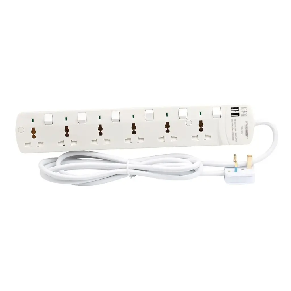 Terminator 6 Way Universal Power Extension Socket WithIndividual Switches & Indicators 2USB 3M 13A