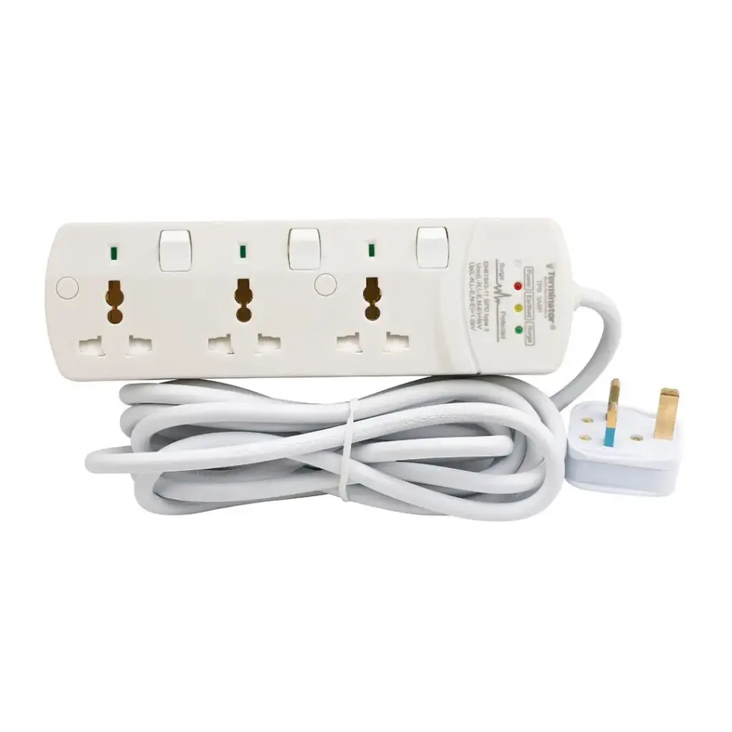 Terminator 3 Way Universal Power Extension Socket WithSurge Protection,Individual Switches & Indicators 3M 13A