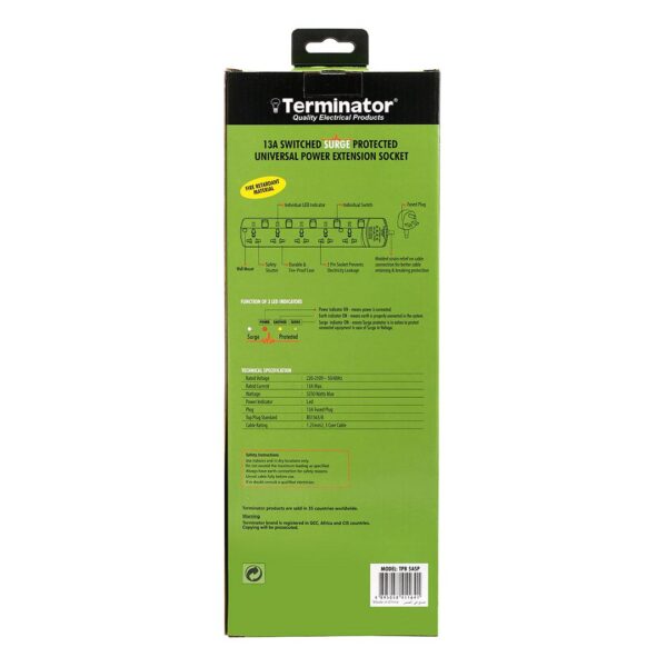 Terminator 5 Way Universal Power Extension Socket With Surge Protection Individual Switches & Indicators 3M 13A
