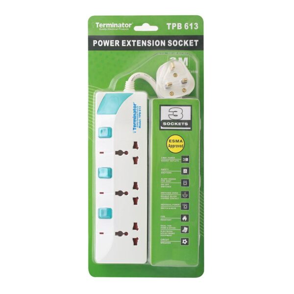 Terminator 3 Way Universal Power Extension Socket With Individual Switches & Indicators,Circuit Breaker, 3M Cable 13A Fused Plug