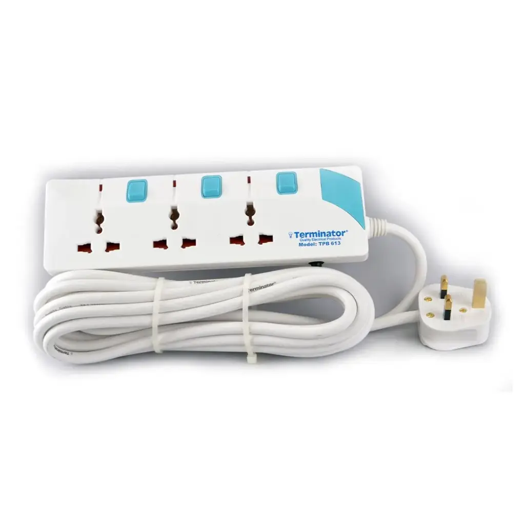 Terminator 3 Way Universal Power Extension Socket With Individual Switches & Indicators,Circuit Breaker, 5M Cable 13A Fused Plug