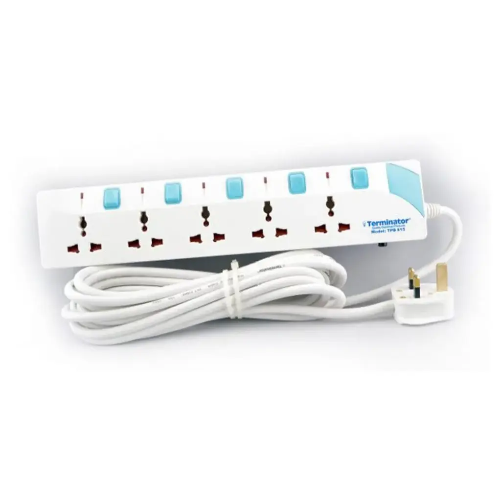 Terminator 5 Way Universal Power Extension Socket With Individual Switches & Indicators,Circuit Breaker, 5M Cable 13A Fused Plug
