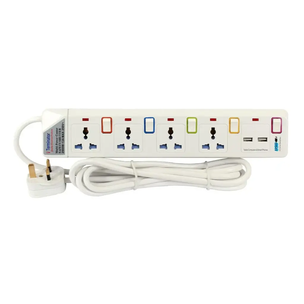 Terminator 4 way power extension with 2 usb 3.1A 3M 13A plug