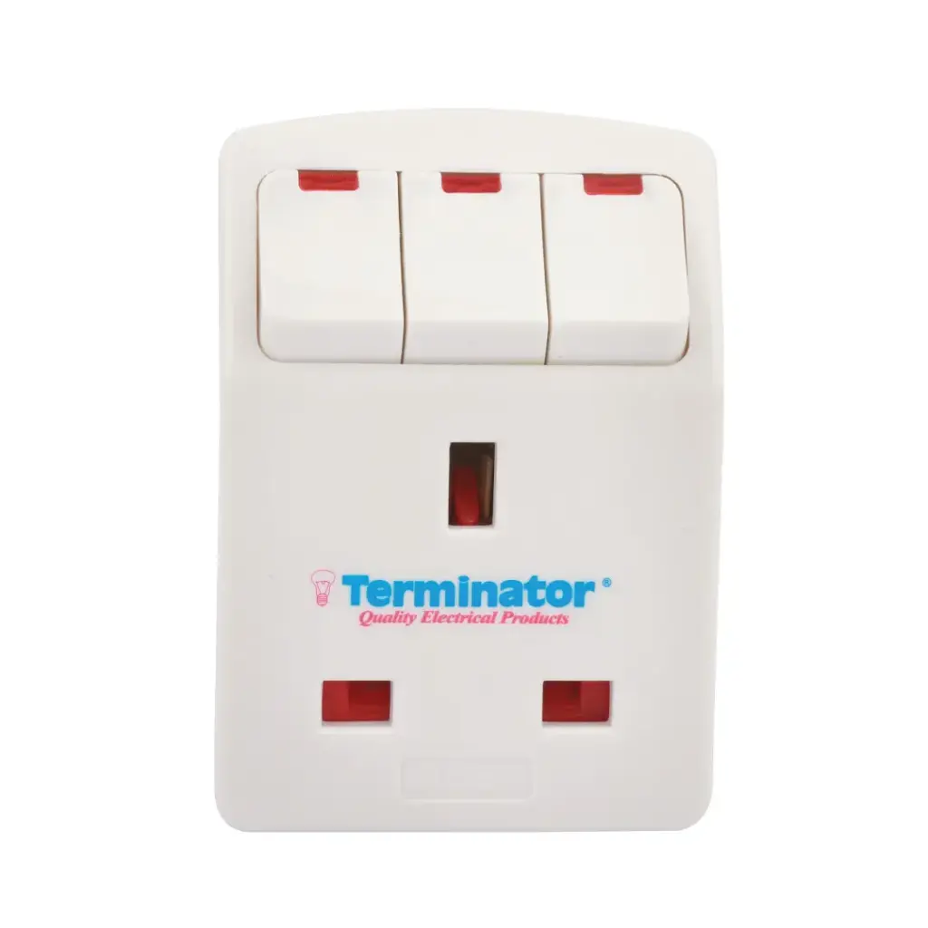 [TMA 33S] Terminator 3 Way UK Socket Multi Adaptor With Individual Switches & 2Pin Plug, 13A Fuse Esma & G-Mark