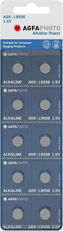 [863610] AGFAPHOTO Alkaline Long Lasting Coin Button Cell [ AG9, LR936 ]  Pack of 10 Batteries Equivalent to batteries : SR936SW, SR936, SB-A4, 280-17, V394, D394, 625, 39, AG9