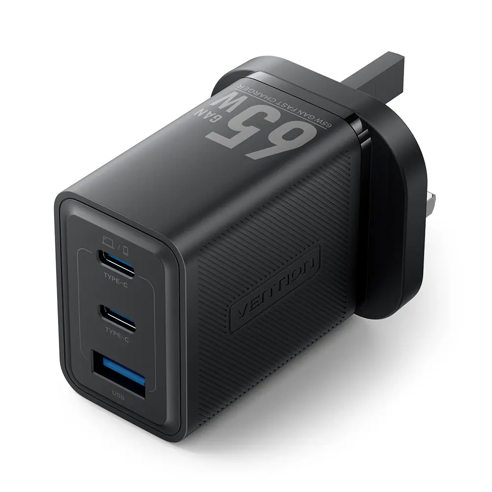 [FERB0-UK] VENTION 3-Port USB (C + C + A) GaN Charger (65W/65W/60W) UK-Plug Black Model# FERB0-UK